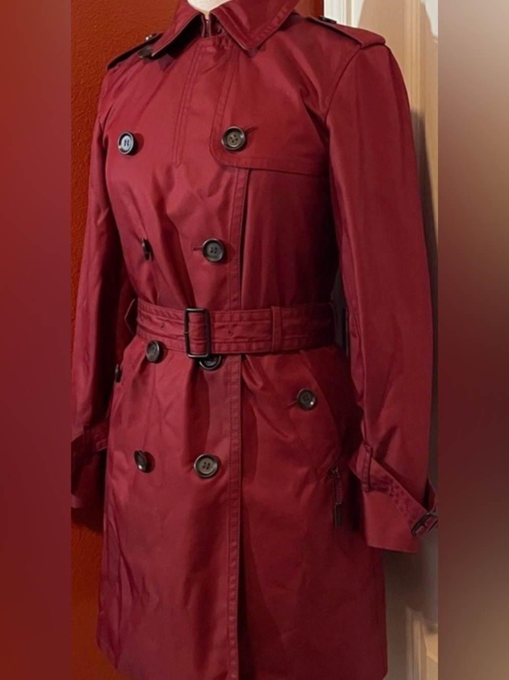Coach Women's Double-Breasted Burgundy Trench Coat with Belt